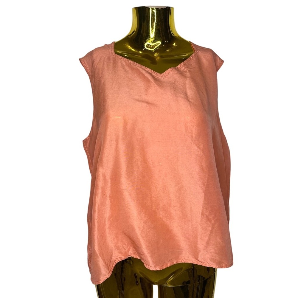 Vintage Minimalist 100% Silk Shell‎ Top Coral Orange V-Neck Sleeveless Blouse XL